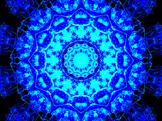 Turquoise, blue, navy blue, black color mandala. Oriental illustration. Gradient simple, zentangle ornament. Yoga, meditation, tantra banner, card template. Floral radial pattern. Boho flower