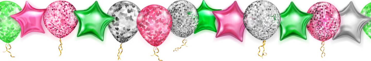 Banner with shiny balloons in red, silver and green colors, round and in the shape of stars, with ribbons and shadows, on white background, with horizontal seamless repetition