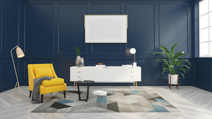 Modern living room with yellow leather armchair and floor lamp , white sideboard , dark blue pattern wall and picture frame . 3d rendering