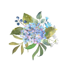 Floral watercolor set with blue hydrange. Botanical arrangements with flowers and leaves. Great for printing on fabric, banners, invitations and cards. Vector.
