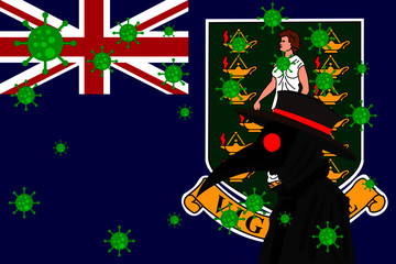 Black plague doctor surrounded by viruses with copy space with BRITISH VIRGIN ISLANDS flag.