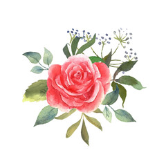 Floral watercolor set with pink rose. Botanical arrangements with flower and leaves. Great for printing on fabric, banners, invitations and cards. Vector. - 344223988