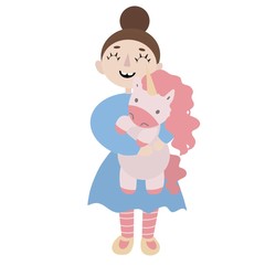 Fototapeta premium happy cheerful girl holding toy unicorn. smiling beautiful girl wearing blue dress. children illustration for greeting card, calendar or book. wallpaper design. textile print for girls