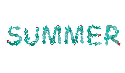 Lettering or font with text summer for print in the Bullet Journal or diary, vector stock illustration with letters from the leaves isolated on a white background for design
