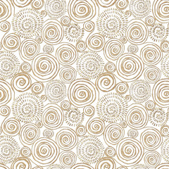 Abstract seamless pattern with golden glittering acrylic paint round spiral circles on white background