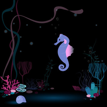 Flat cartoon style illustration. The dark underwater scene with plants, corals and magic seahorse.