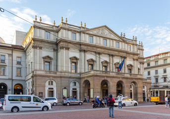 Obraz premium The Teatro alla Scala building - lavish, 18th-century theater, famous for Italian opera and ballets, with a museum and music library in Milan city, Italy