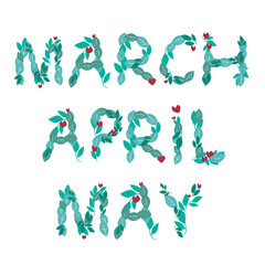 Set with text March, April, May for the designation of springtime in the Bullet Journal or diary, vector stock illustration with letters from the leaves