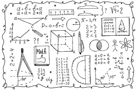 Symbols and signs for the school lesson math, numbers, formulas, graphics, compasses, equations. Handdrawn doodle black line vector illustration. Concept of education and home-based online learning.