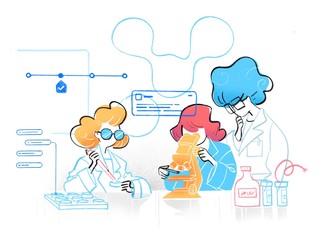 Scienziati che lavorano nel laboratorio con microscopio e la pipetta