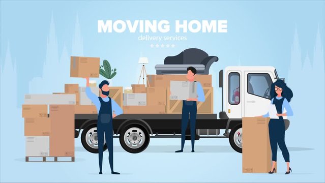 Moving home. Moving the house to a new place. White truck, Movers carry boxes, the girl checks the availability on the list. Carton boxes. The concept of transportation and delivery of goods. 