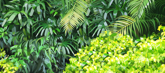 Green background of dense lush vegetation in the jungle - obrazy, fototapety, plakaty