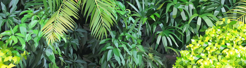 Panoramic background of dense green vegetation in the jungle