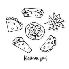 Hand drawn Mexican traditional food set. Burrito, tacos, tostados, quesadillas, nachos isolated on white background. Vector illustration for menu, poster, web.