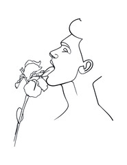 Line drawing. Man tongue licks a iris flower. - Vector illustration