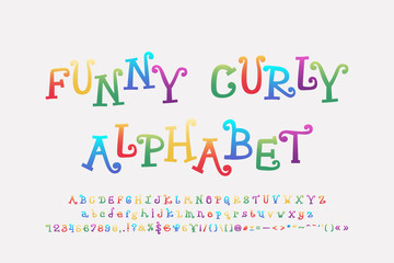 Funny colored alphabet cartoon curly font. Uppercase and lowercase letters, numbers, punctuation marks. Vector illustration