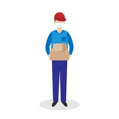 Delivery man in uniform and medical mask with boxes. Flat cartoon illustration of male courier during pandemic of coronavirus Covid-19. Safety home delivery concept. Vector, food donation.