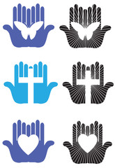 Loving and worship Hands with Cross Heart and butterfly graphic icons