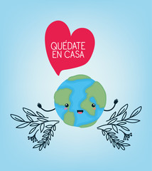 Quedate en casa text with world cartoon heart leaves vector design