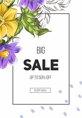 Sale banner flowers. Discount. Stocks. White, black, lilac, yellow.