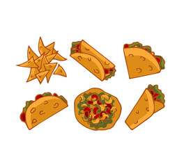 Mexican traditional food set icons. Burrito, tacos, tostados, quesadillas, nachos isolated on white background. Flat style. Vector illustration for menu, poster, web.