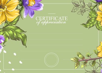 Certificate template on a green background with flowers. Business award gratitude