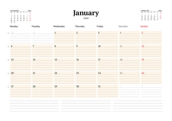 Calendar template for January 2020. Business monthly planner. Stationery design. Week starts on Monday.
