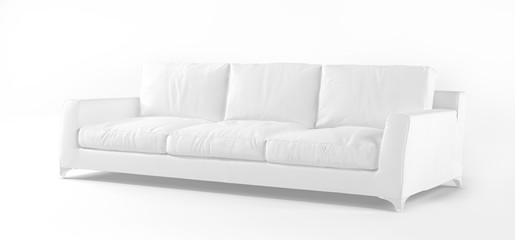 Creative interior layout. Minimalistic style. Modern scandinavian white sofa on a white gray background with shadow. Template for advertising, design. Furniture, interior object, stylish couch