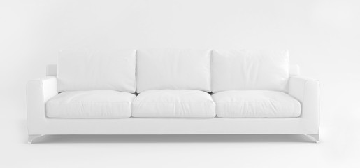 Creative interior layout. Minimalistic style. Modern scandinavian white sofa on a white gray background with shadow. Template for advertising, design. Furniture, interior object, stylish couch