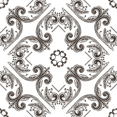 Hand Drawn Vintage damask ornamental background. Baroque scroll ornament seamless pattern. Elegant floral pattern in antique style. Decorative foliage swirl.