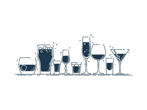 Collection glassware alcoholic drinks. Alcohol glass stand in row. Illustration isolated. Flat design style with black fill. Beer champagne wine whiskey liquor vodka martini whiskey rum tequila