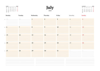 Calendar template for July 2020. Business monthly planner. Stationery design. Week starts on Monday.