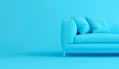 Modern scandinavian blue sofa with soft pillows on blue background with shadow. Creative interior layout. Minimalistic style. Template for advertising, design. Furniture, interior object stylish couch