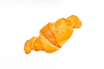 Croissants isolated on white background. Fresh homemade cakes. Buns, culinary composition.	