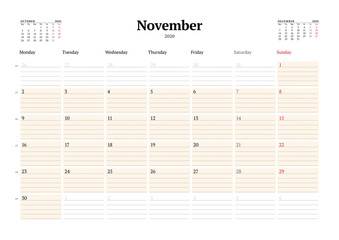Calendar template for November 2020. Business monthly planner. Stationery design. Week starts on Monday.