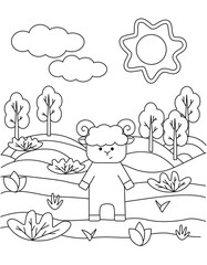 Cute coloring book with a funny lamb, sun, grass, trees. For the youngest kids. Black sketch, simple shapes, silhouettes, contours, lines. Children's fairy tale vector illustration.
