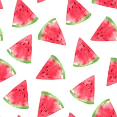  Hand painted watercolor seamless texture with watermelon slices isolated on white. Repeating summer fruit background. Bright and juicy. Fruits pattern. For print, textile, fabric, wallpaper. © Tatiana 