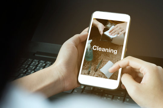 Cleaning search on mobile phone  save lives Time period Coronavirus 2019 or Covid-19 social media campaign background concept. Mockup phone.