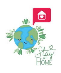 Stay at home text world cartoon leaves heart house and bubble vector design