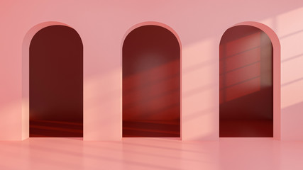 Empty pink room and arched door .3D illustration