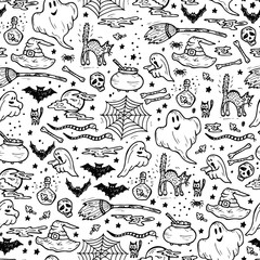 Halloween Seamless pattern. Hand Drawn Doodle various halloween night holiday elements