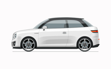 Fototapeta premium Modern compact city car mockup. Side view of realistic small white noname car isolated on white background.