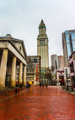 Fototapeta na wymiar Custom House Tower and Quincy Market at downtown Boston reflex