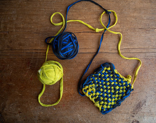 home made Tawashi , Japanese sponge, made with tshirt thread , zero waste kitchen.,yellow  & blue.