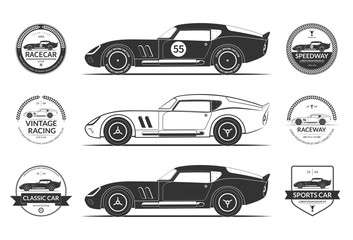 Set of classic sports car silhouettes and vintage car service labels, emblems, logos, badges. Vector illustration