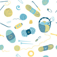 Vector seamless pattern with knitting tools. Wicker basket, ball of wool, yarn, needles, stitch markers, hooks. Illustration on white background. Great for fabrics, wrapping papers, covers.