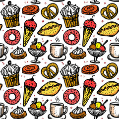 Pastry sweets seamless pattern, cute hand drawn sketch food symbols