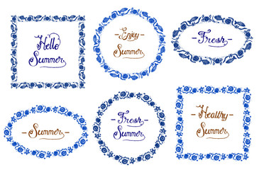 Sea style frames set decorated shells, seaweeds, fishes, crabs and starfishes