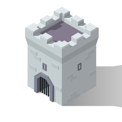Vector isometric medieval low poly castle tower. Game design fantasy citadel concept.