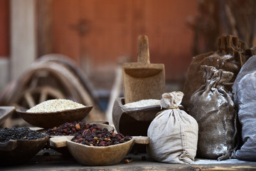 bags of supplies in the bazaar. still life
